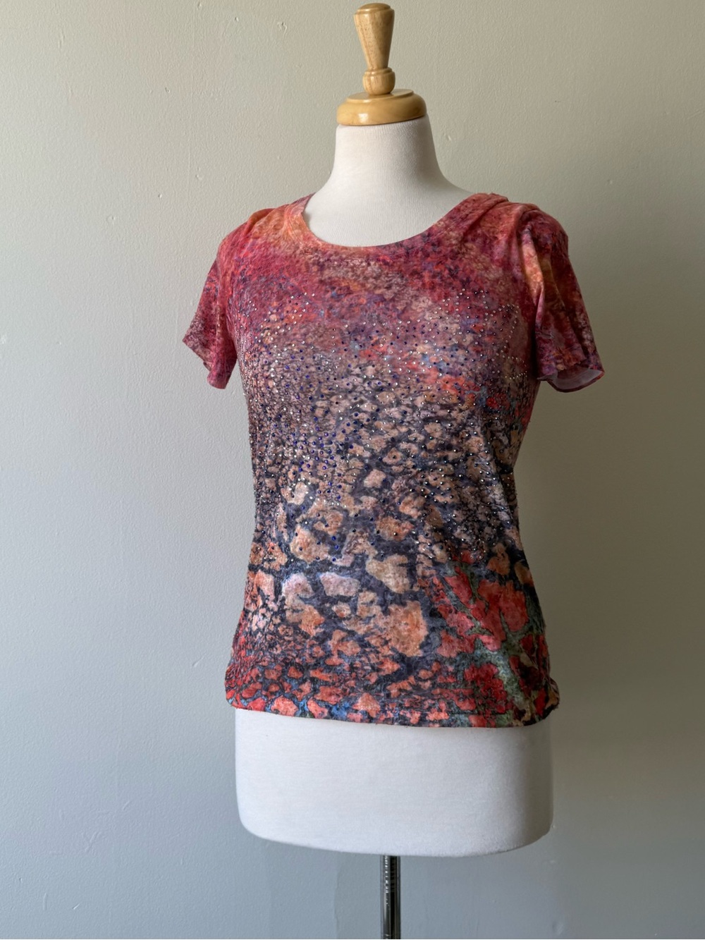 Y2K Rhinestone Mesh Top Abstract Print